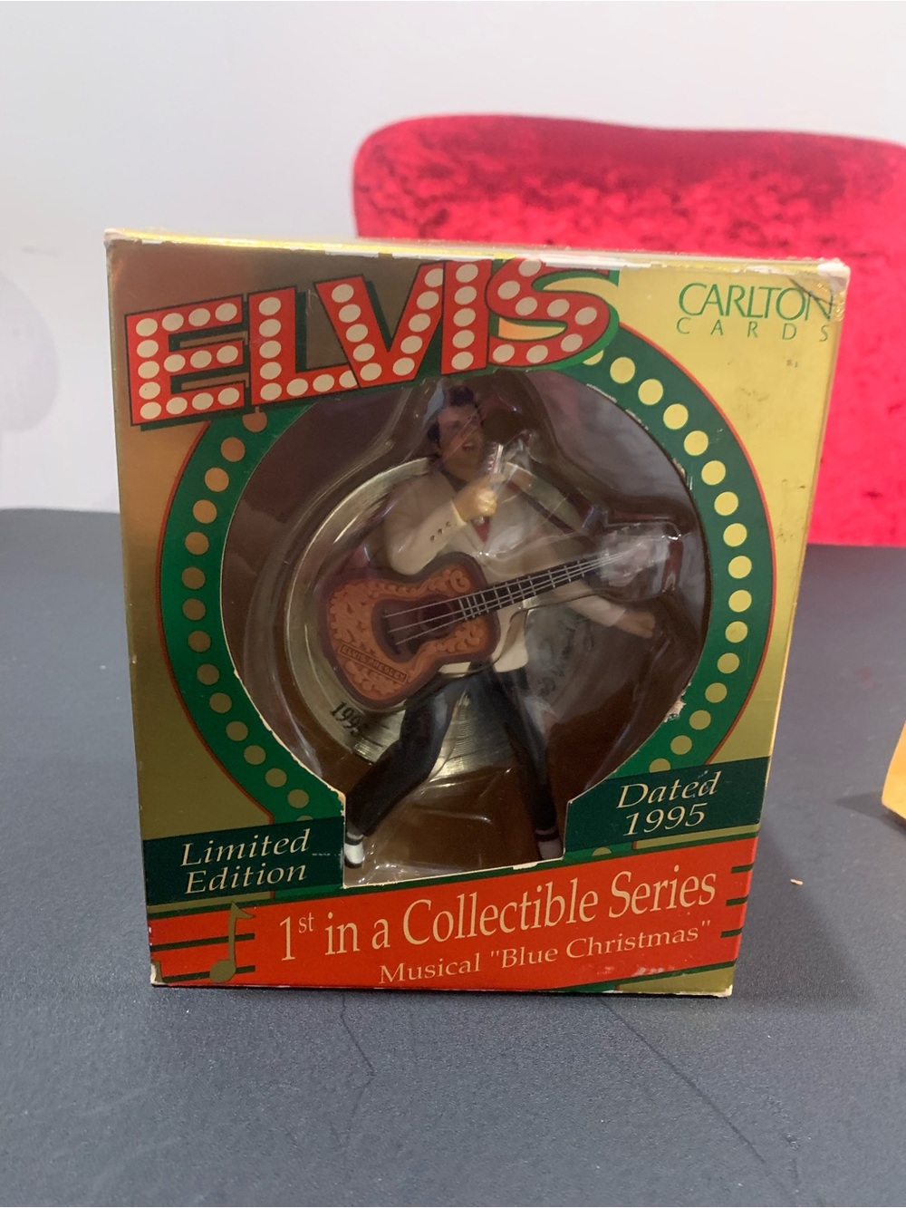 Carlton Cards Elvis Figure with Yellow, Green, Red and Gold Box